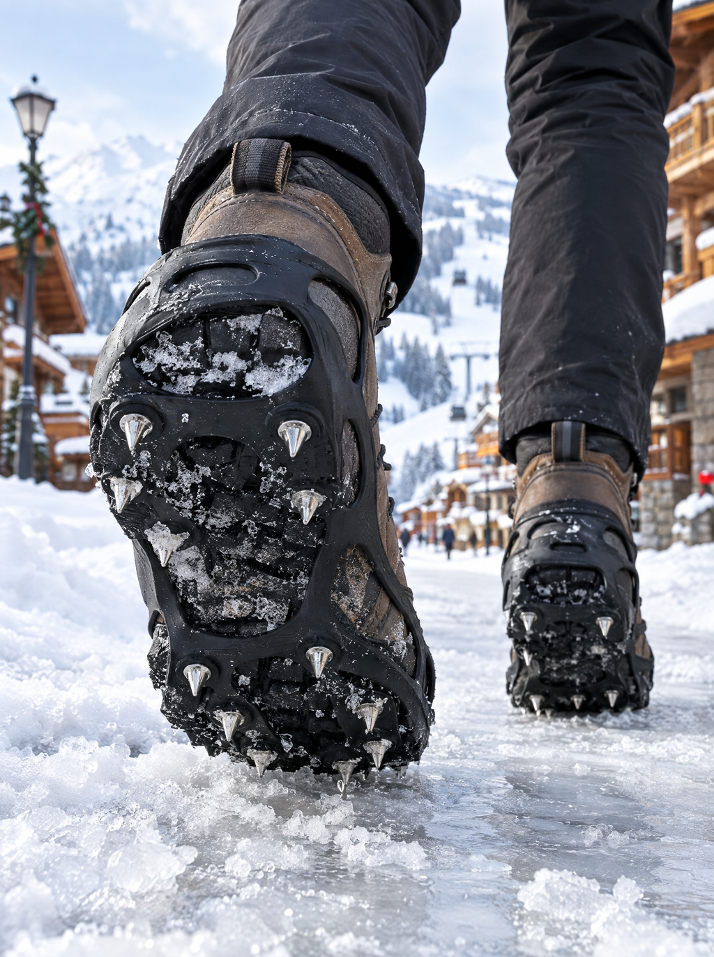 Crampons GRIP portés sur un chemin verglacé