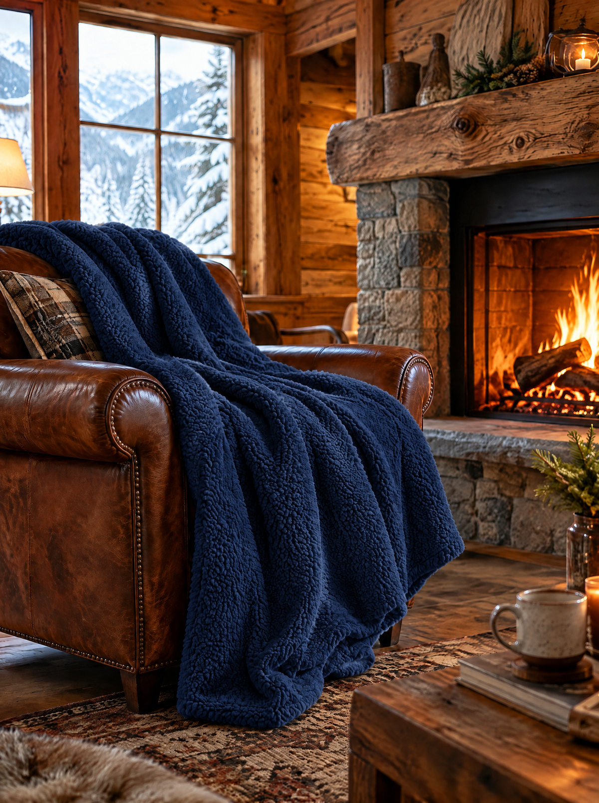 Plaid polaire sherpa XXL CHALET – Marine